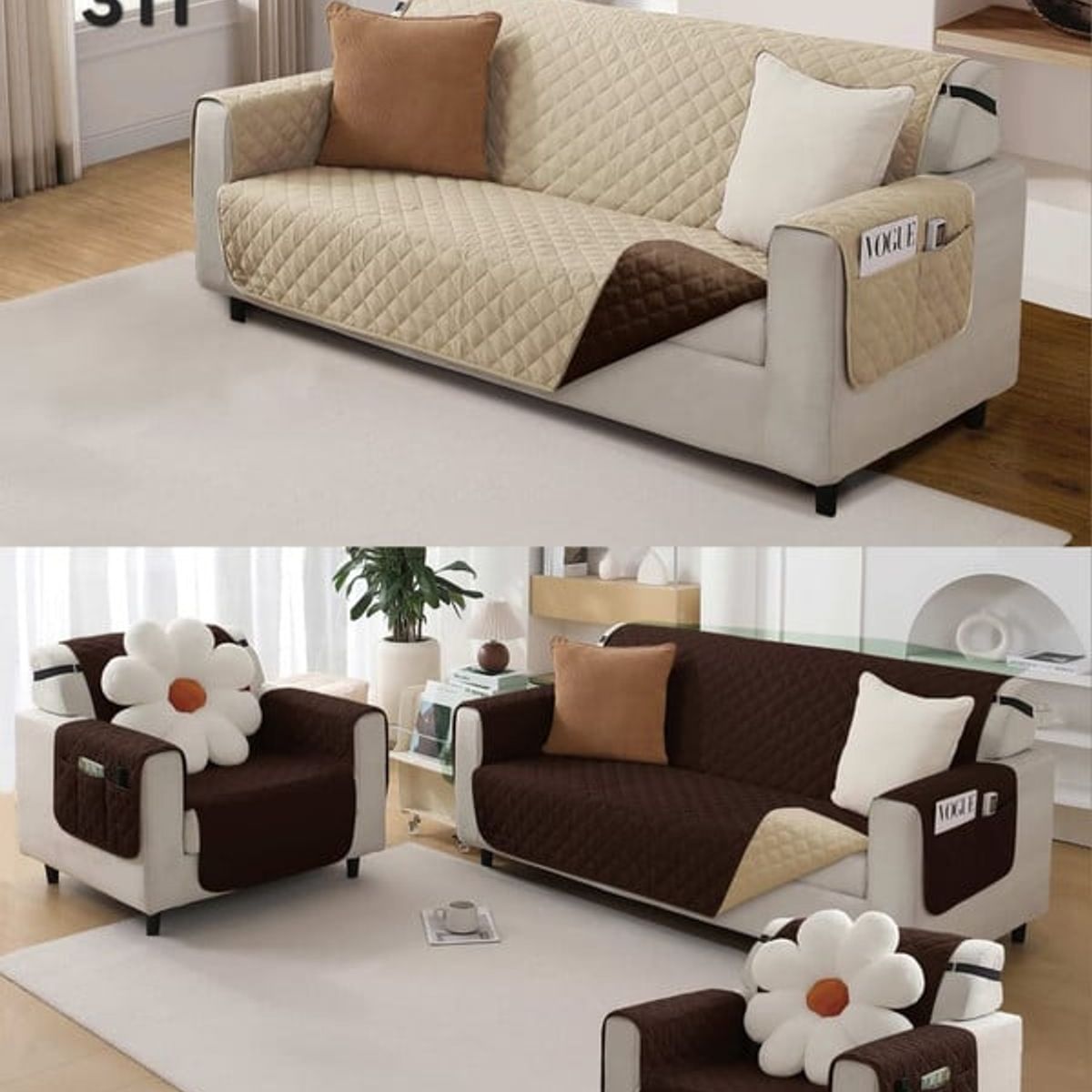 ANGELES DEL HOGAR - CUBE SOFA REVERSIBLE CON BOLSA 3 CUERPOS CAFÉ+BEIGE