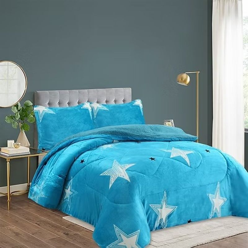 ANGELES DEL HOGAR - COBERTOR PLUSH CON CHIPORRO PLAZA Y MEDIA AZUL ESTRELLAS