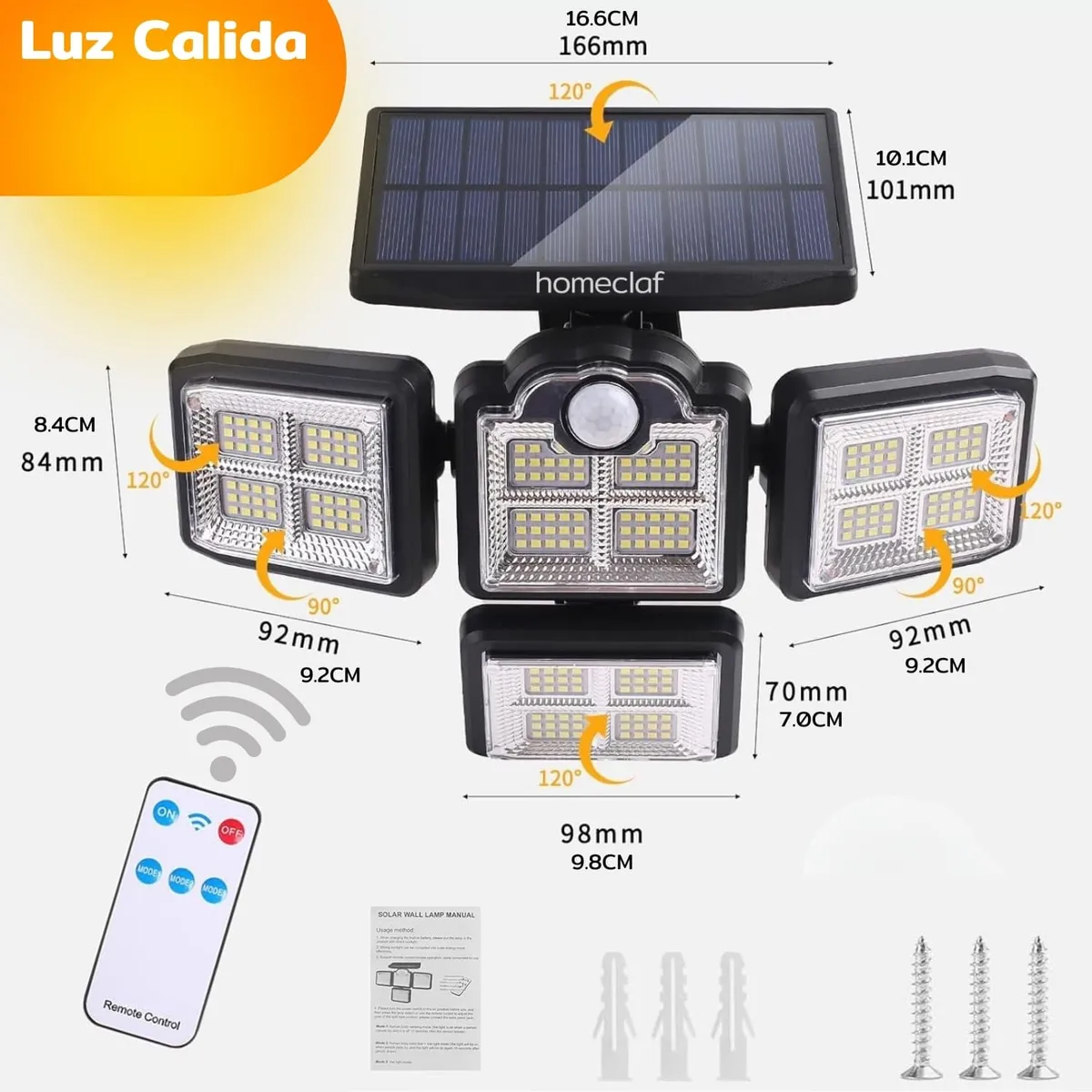 HOMECLAF - Foco led solar exterior 4 direcciones sensor control luz cálida…