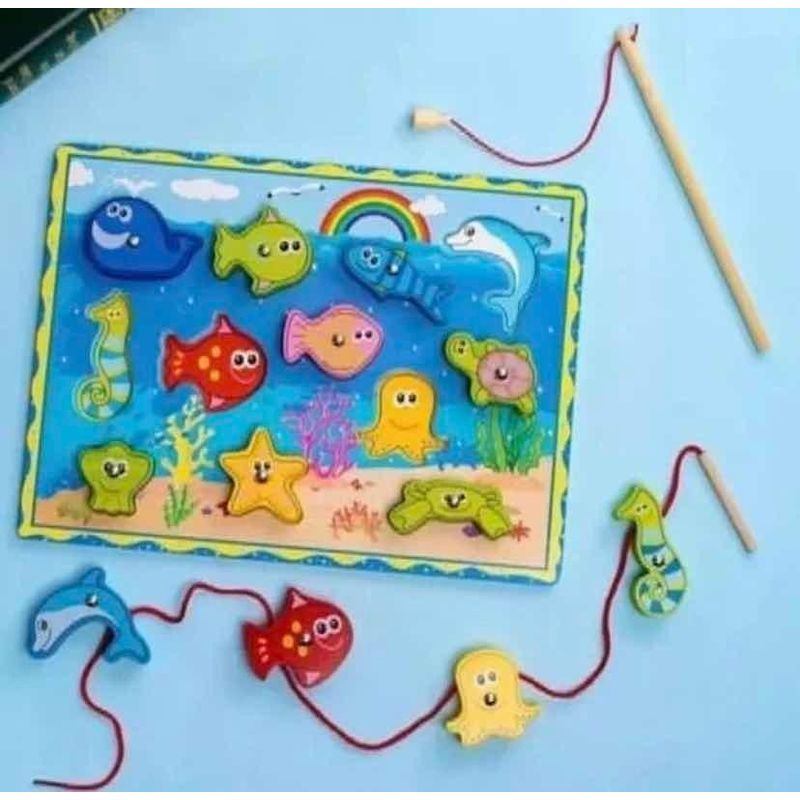 GENERICO - Puzzle Didáctico de Pesca Magnética en Madera 12 Piezas