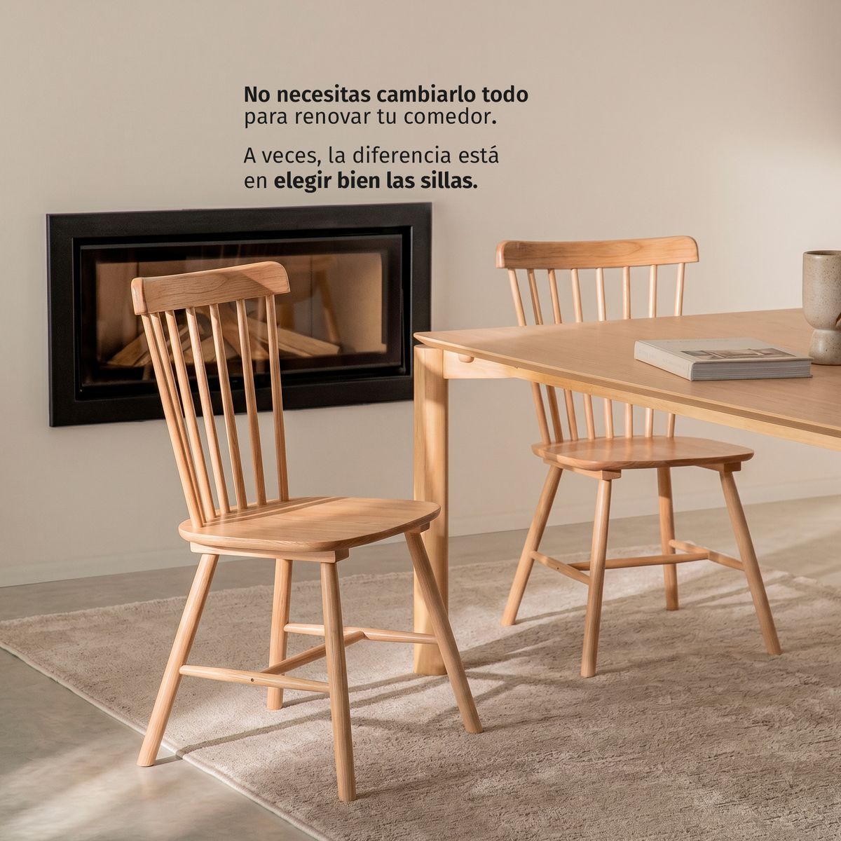 VENHOOUSE - Pack 2 Sillas Comedor Madera Maciza Windsor Estilo Nórdico Natural