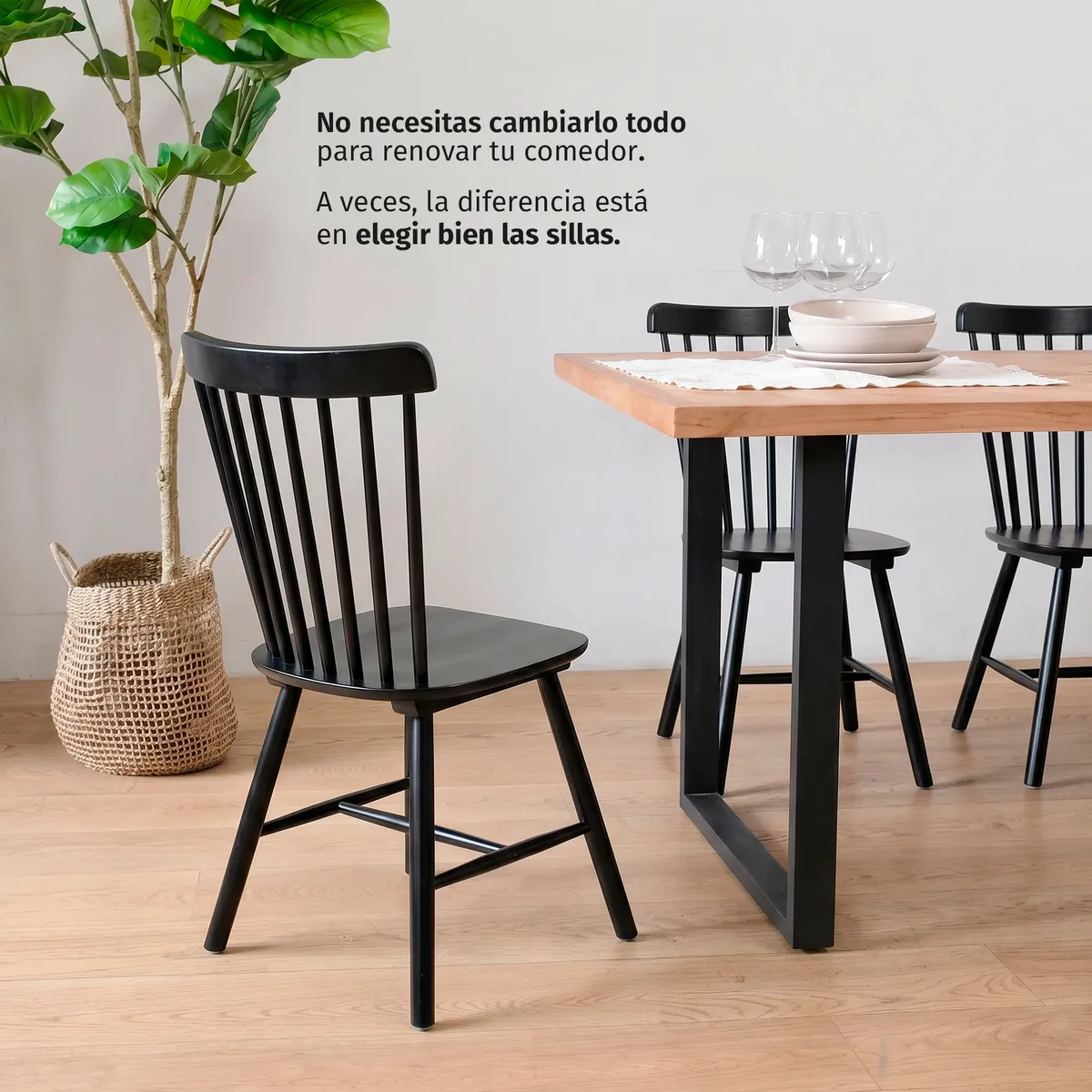 VENHOOUSE - Pack 2 Sillas Comedor Madera Maciza Windsor Estilo Nórdico Negra