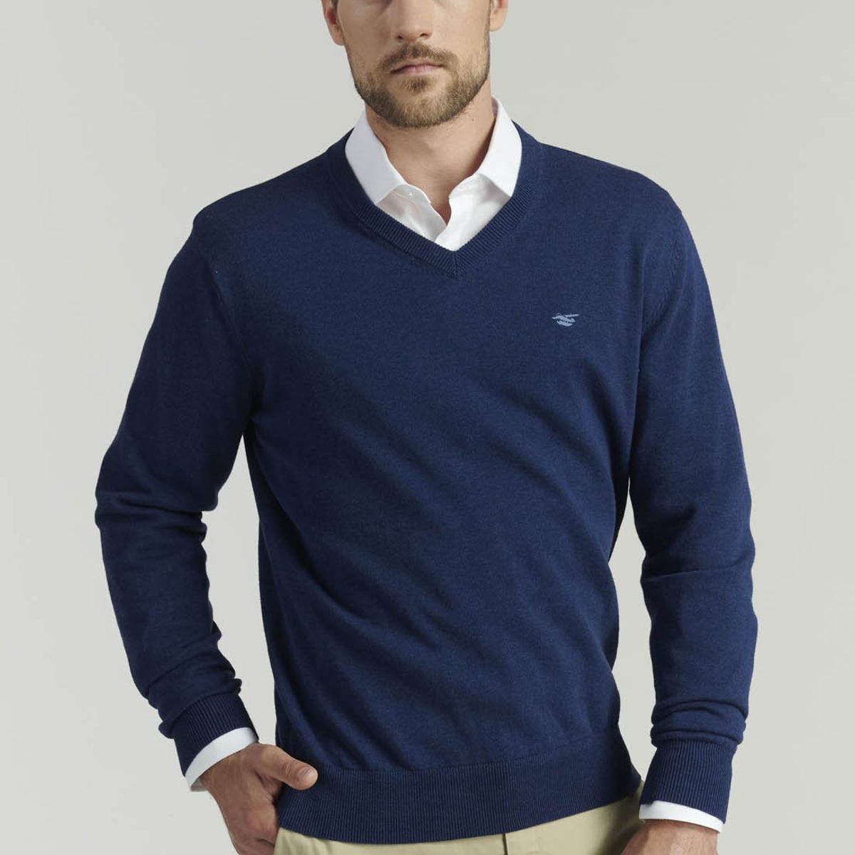FEROUCH - Sweater V Neck Melange F Smart Casual Azul Ferouch