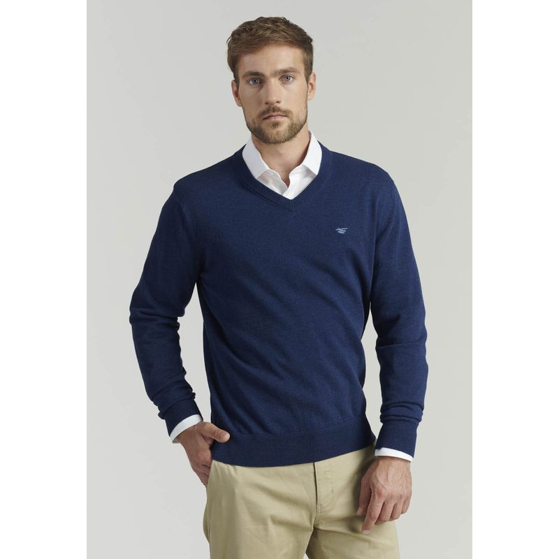 FEROUCH - Sweater V Neck Melange F Smart Casual Azul Ferouch.