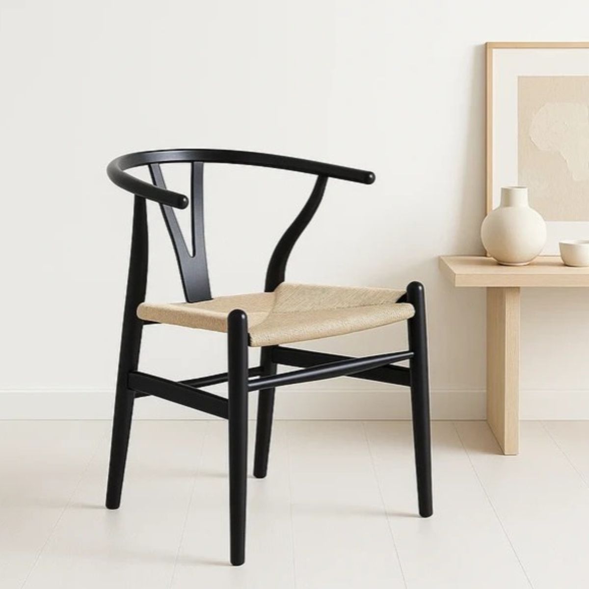 CORI CORI - Silla Wishbone Madera Negra e Hilo de cuerda Beige