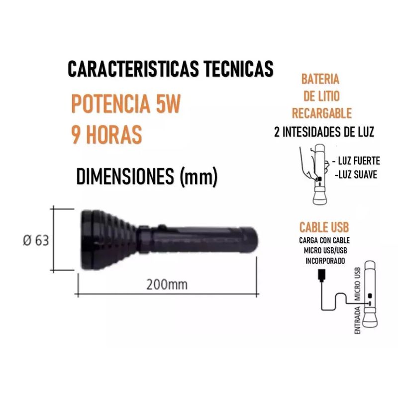 RAF - Linterna Recargable Led 5w Batería De Litio 9 Hrs