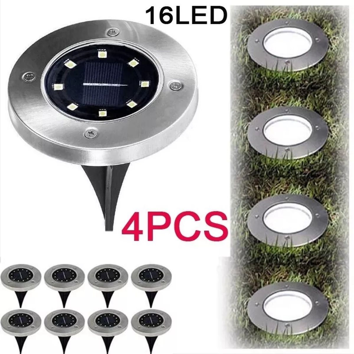 GENERICO - Pack 4 Focos Solares Jardín Estaca De 8 Led Tipo Embutido Color Blanco