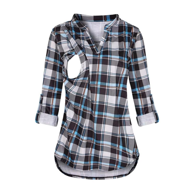 KIVARA - Polera Lactancia Maternidad Camisa Manga Larga Cuadro Negra