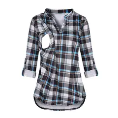 KIVARA - Polera Lactancia Maternidad Camisa Manga Larga Cuadro Negra
