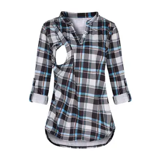 KIVARA - Polera Lactancia Maternidad Camisa Manga Larga Cuadro Negra