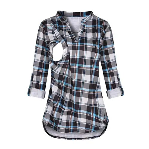 KIVARA - Polera Lactancia Maternidad Camisa Manga Larga Cuadro Negra