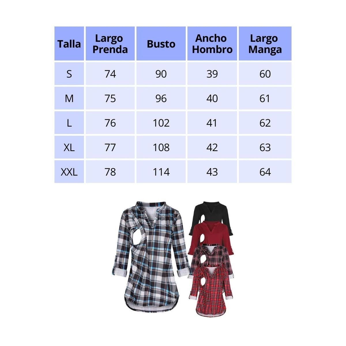 KIVARA - Polera Lactancia Maternidad Camisa Manga Larga Cuadro Negra