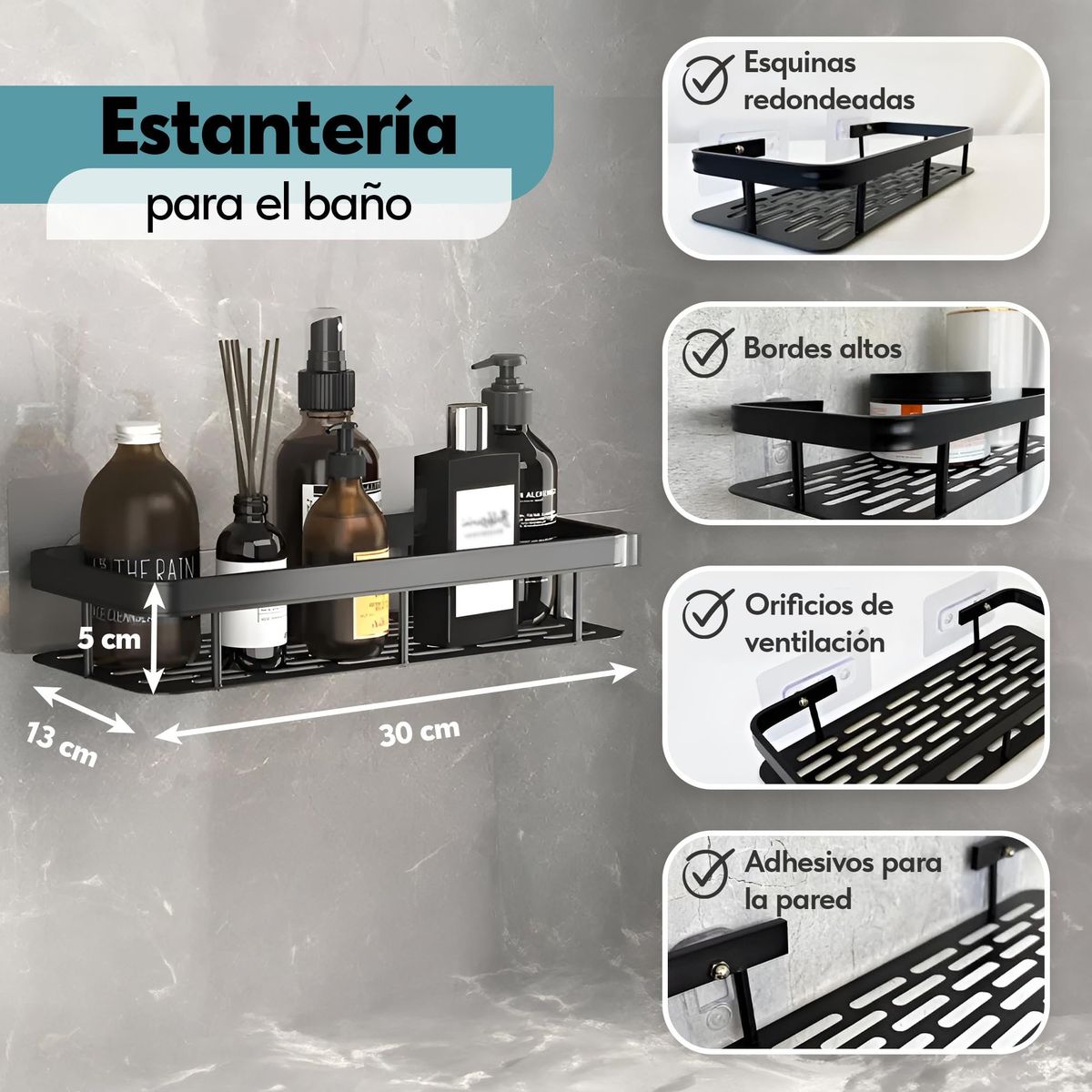 GENERICO - 2Pcs Juego Estanteria Ducha Para Baño Pared-Negro