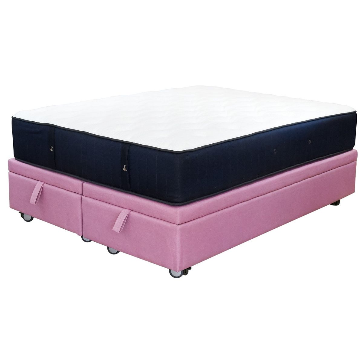 BLOCCARE - Cama Baul 2 Plaza L200cm Colchon Super Premium CIC - Ruedas Logo Rosa.