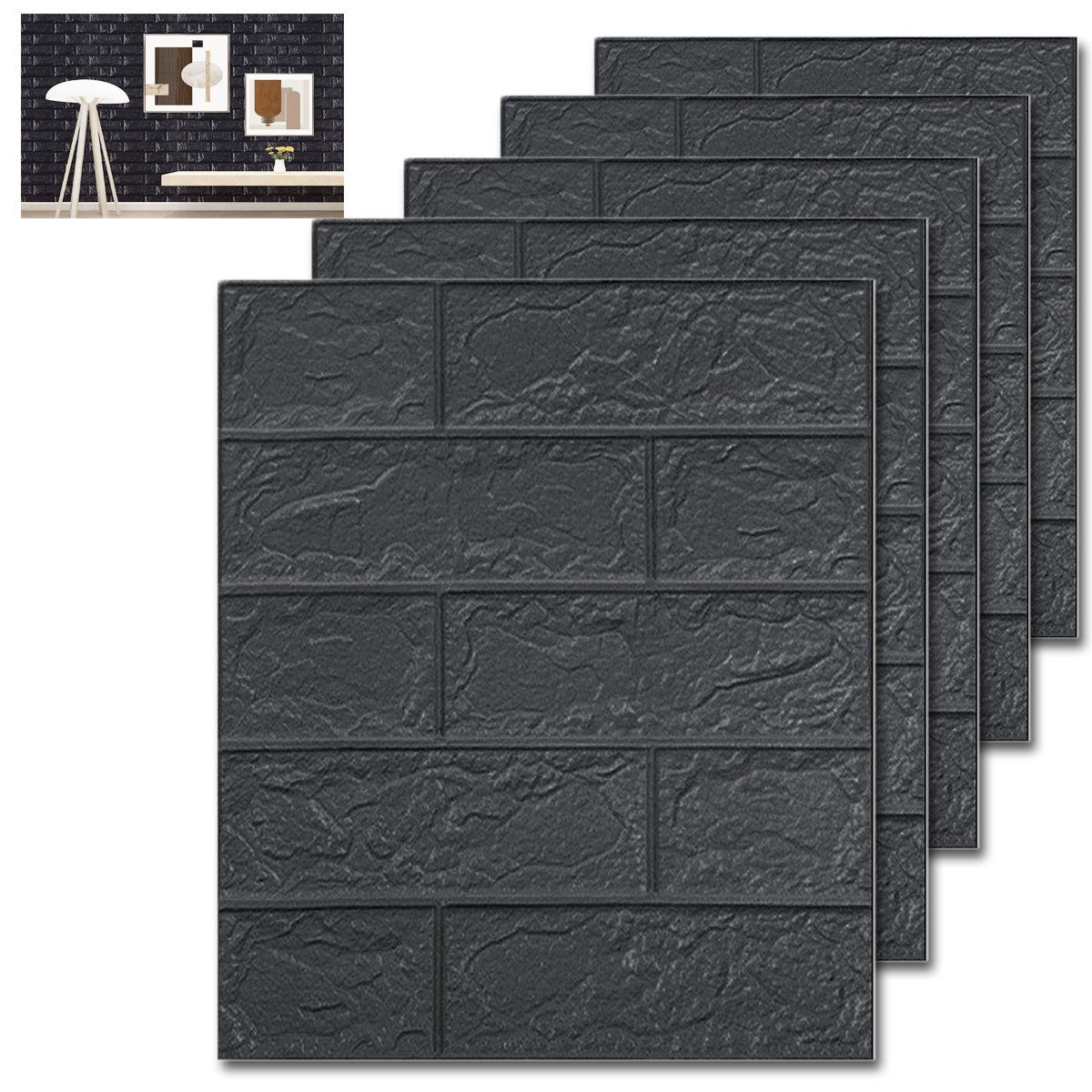 GENERICO - Negro 30cmx39cm Papel Tapiz 3D Para Pared Autoadhesivo 5pcs