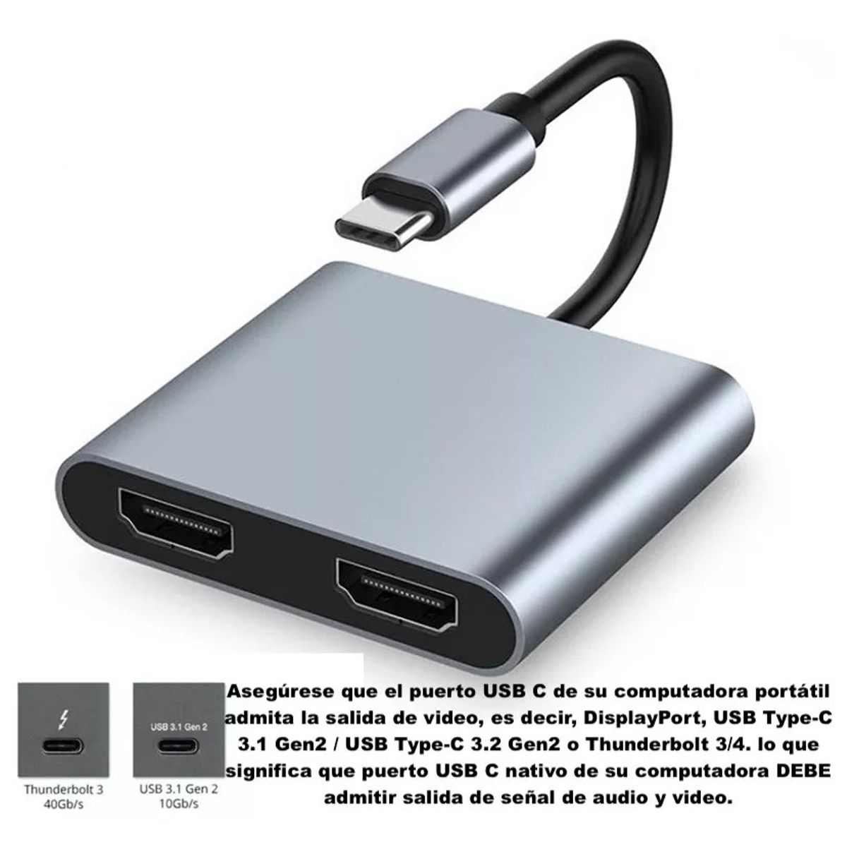 KUANGYE - Adaptador Hub Tipo C 4 En 1, Splitter Hdmi Dual 4k,usb A Y C