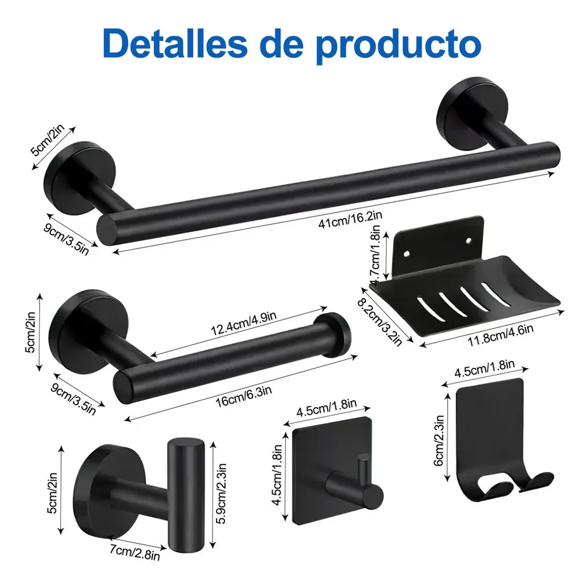 BITART - Juego Accesorios Para Ba?o Negro Mate Inoxidable 304 7piezas