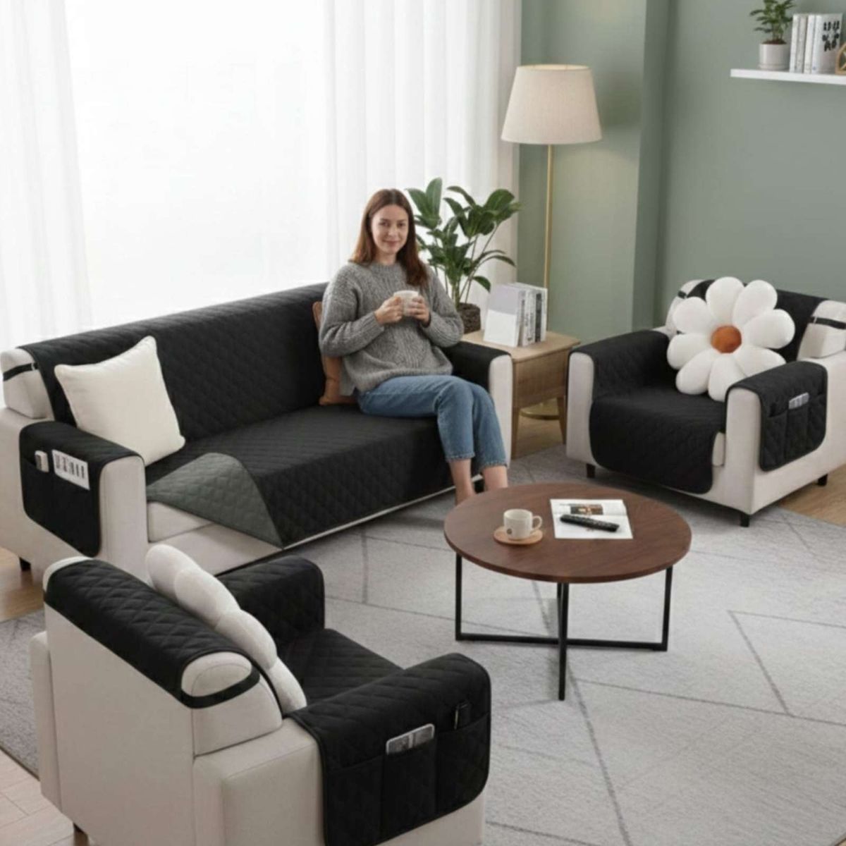 GENERICO - Juegos 3+1+1 de Cubre sillon reversibles con bolsas