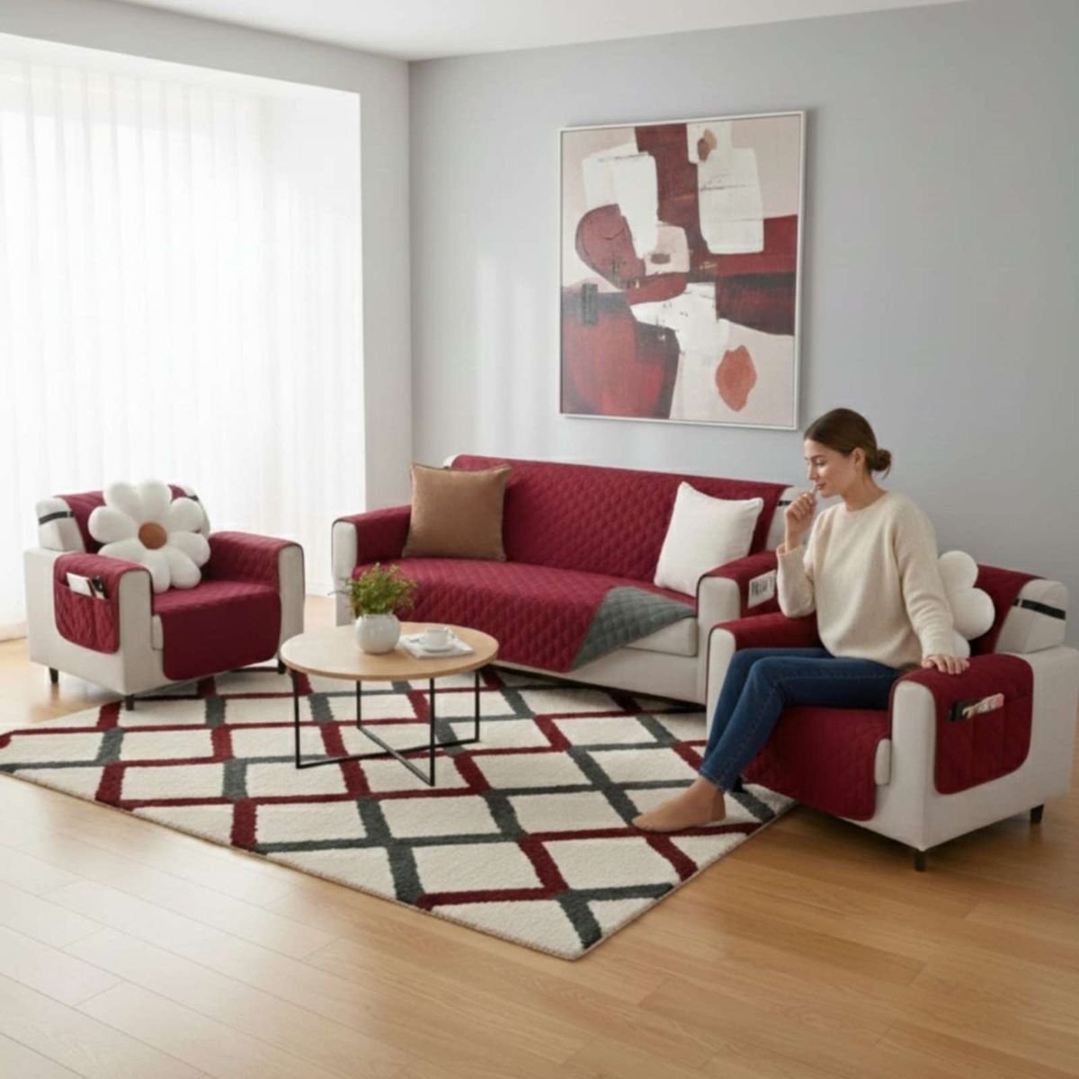 GENERICO - Juegos 3+1+1 de Cubre sillon reversibles con bolsas