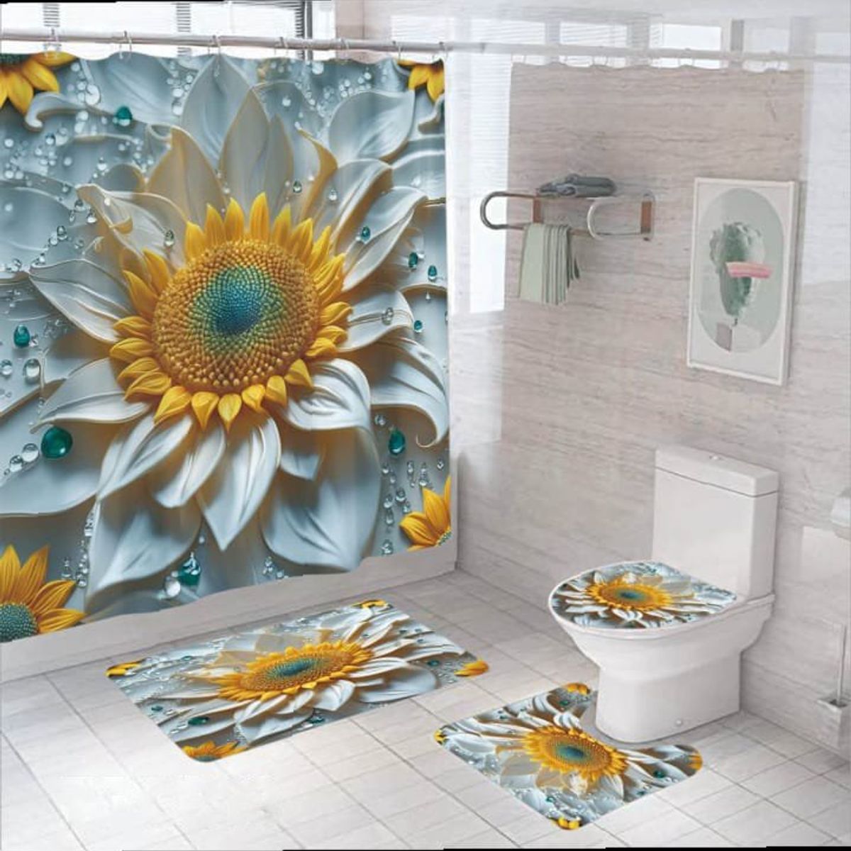 GENERICO - SET DE BAÑO 4 PIEZAS CON DISEÑO FLOR AZUL TF