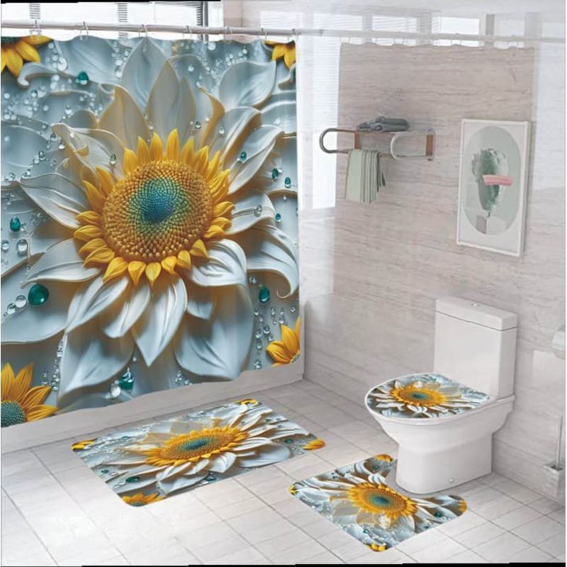 GENERICO - SET DE BAÑO 4 PIEZAS CON DISEÑO FLOR AZUL TF