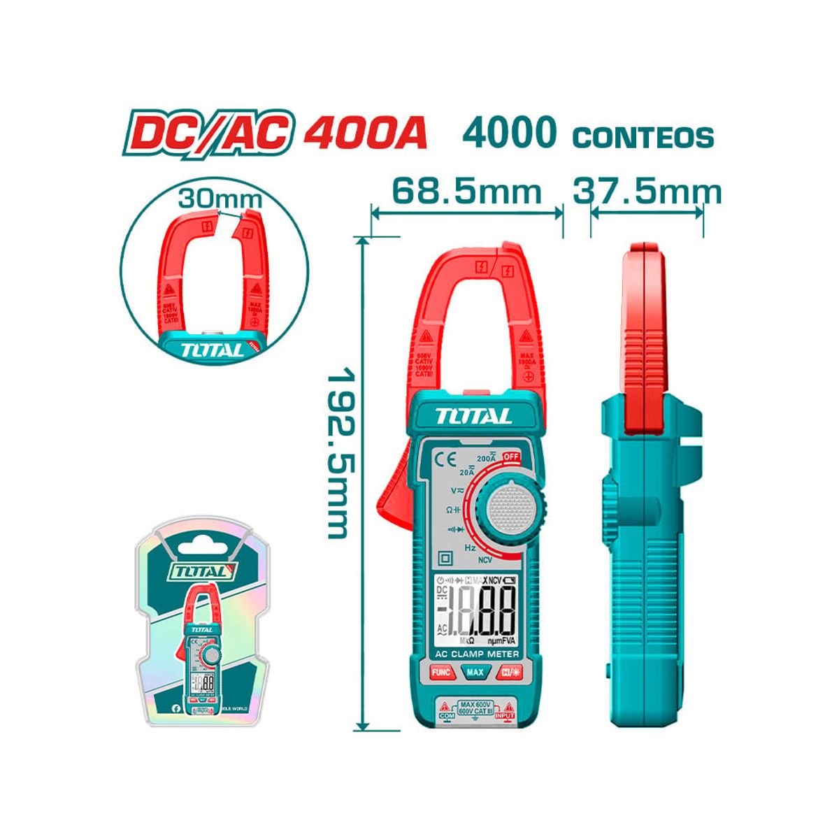TOTAL TOOLS - Pinza Amperimétrica  DC/AC 400A 4000 Conteos TOTAL