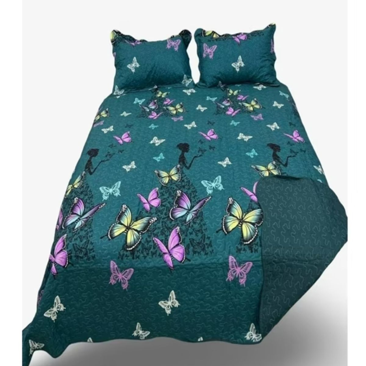 GENERICO - CUBRECAMA QUILT LUMINOSO 2 PLAZA CON DISEÑO TURQUESA MARIPOSAS TF