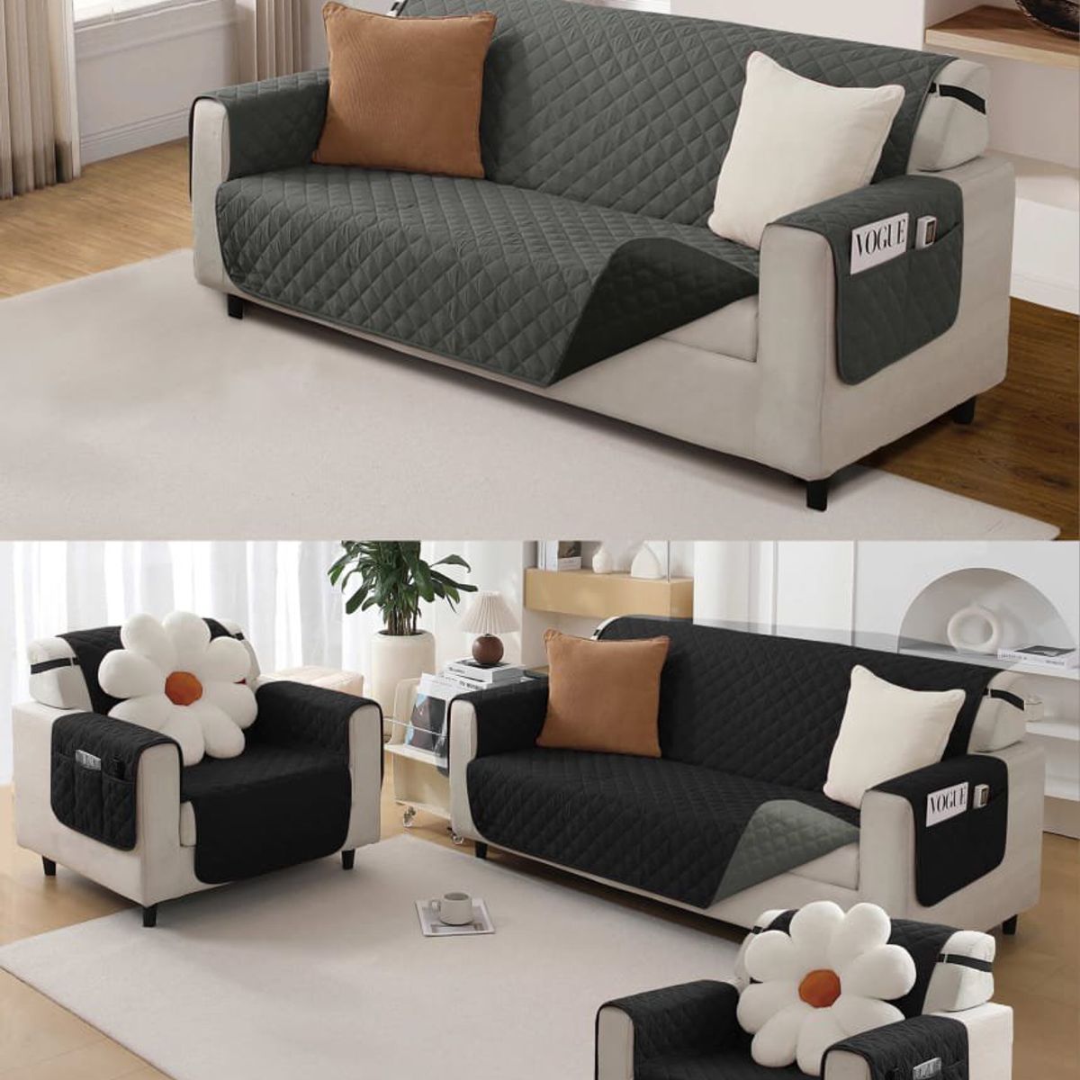 GENERICO - CUBRE SILLON 3+1+1 REVERSIBLE 3 FUNDAS IMPERNEABLE NEGRO Y GRIS TF