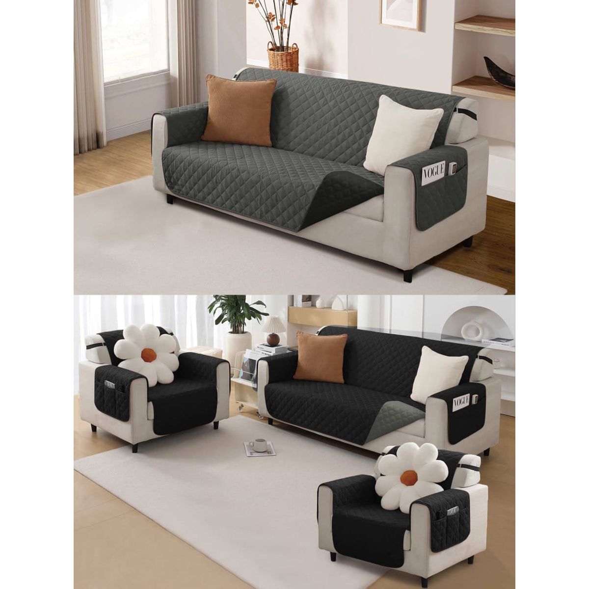 GENERICO - CUBRE SILLON 3+1+1 REVERSIBLE 3 FUNDAS IMPERNEABLE NEGRO Y GRIS TF