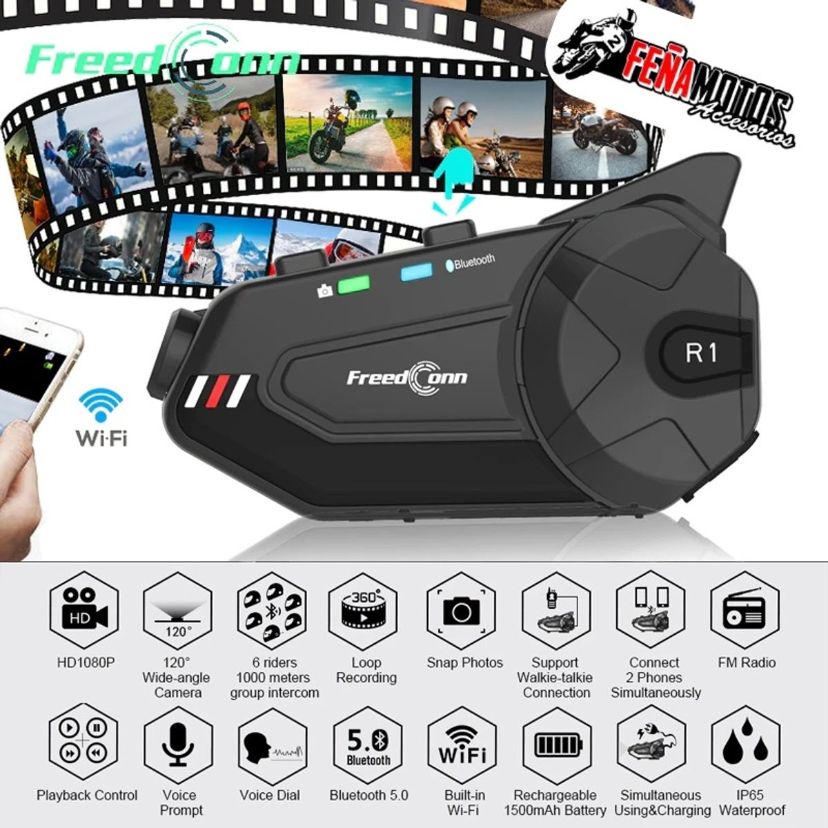 FREEDCONN - Intercomunicador y bluetooth con camara para motociclistas
