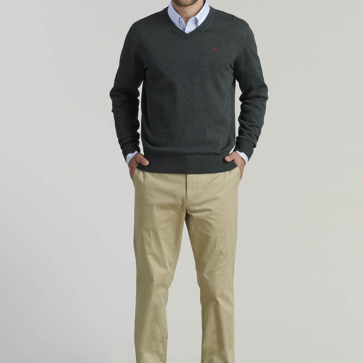 FEROUCH - Sweater V Neck Melange F Smart Casual Gris Ferouch