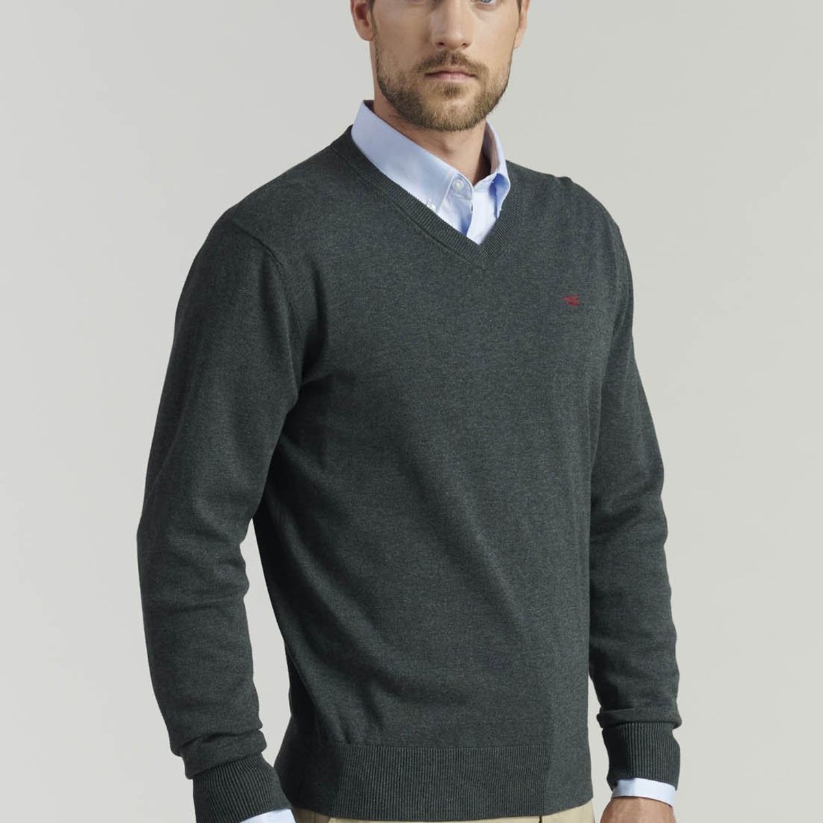 FEROUCH - Sweater V Neck Melange F Smart Casual Gris Ferouch