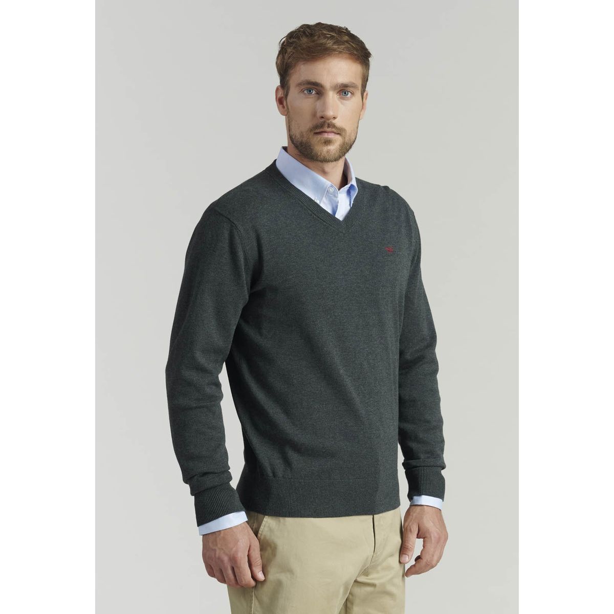FEROUCH - Sweater V Neck Melange F Smart Casual Gris Ferouch