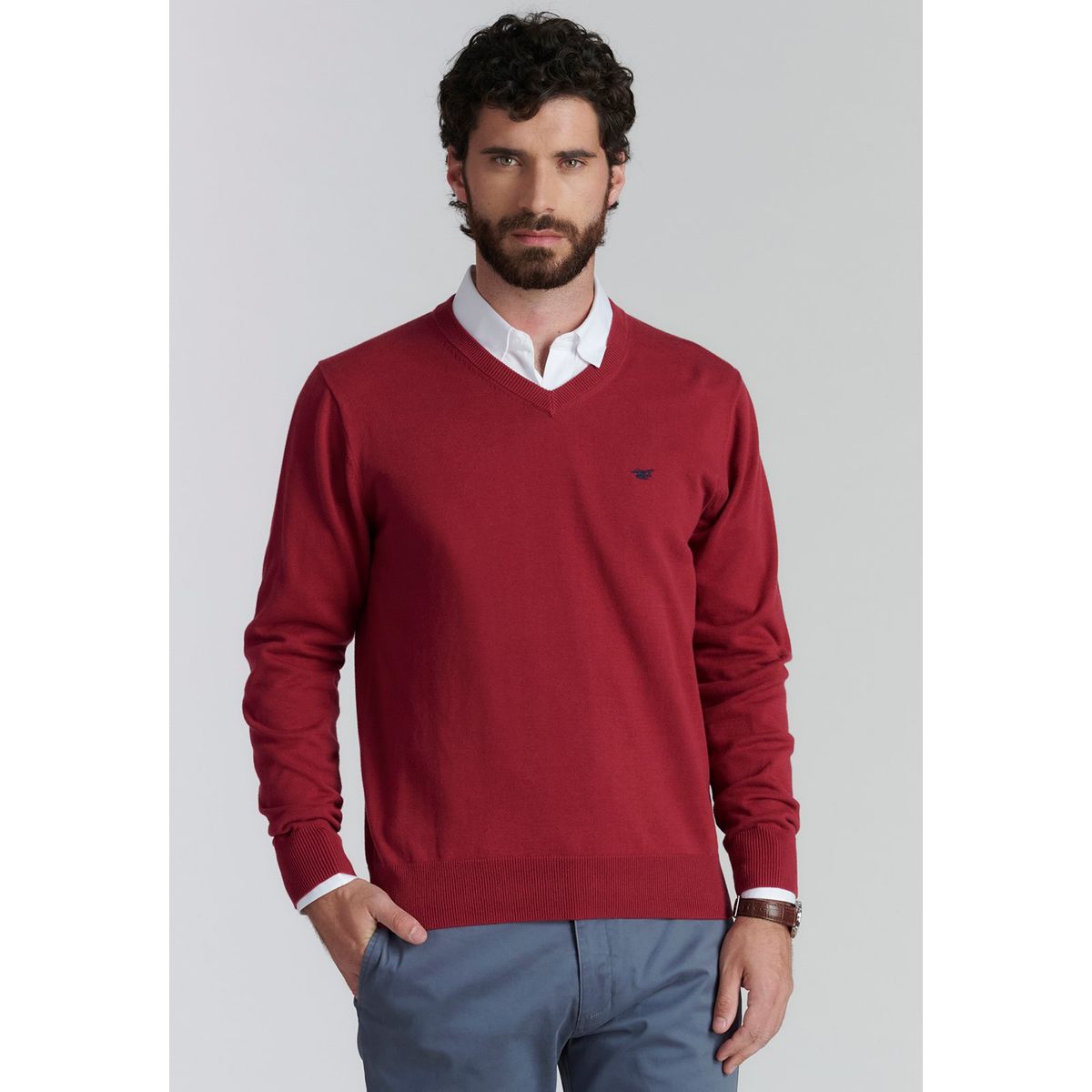FEROUCH - Sweater V Neck Solido F Smart Casual Rojo Ferouch