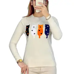 MPROPIA - Sweater Mujer Algodón Otoño Invierno Tejido Suave Diseño Gatito 536
