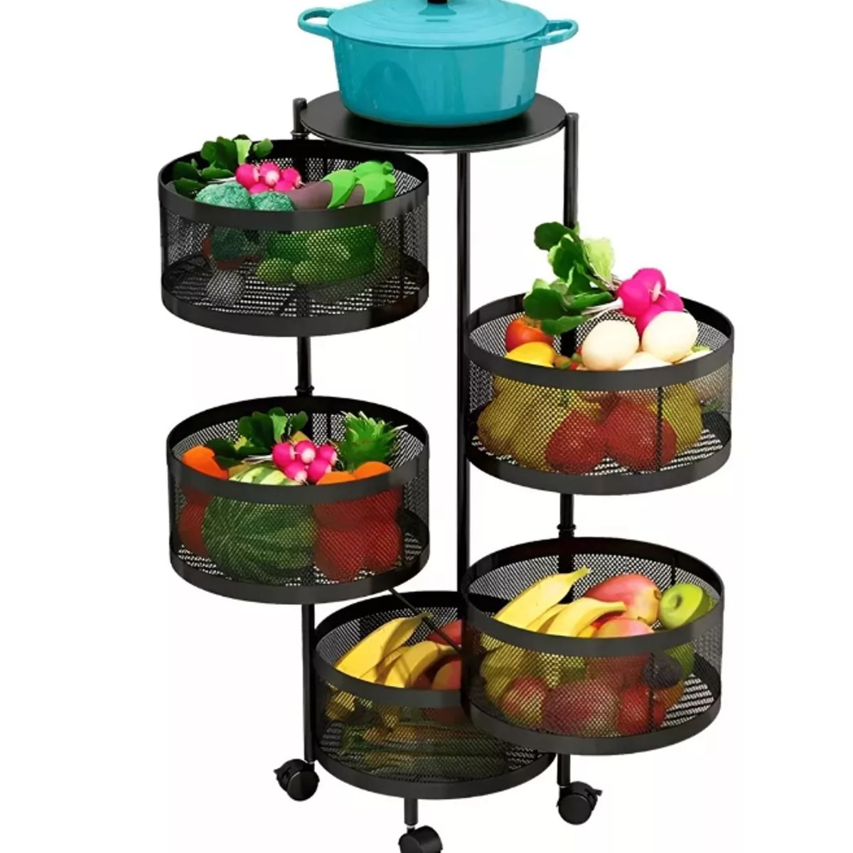GENERICO - Carrito Verdulero Organizador 5 Cestas Estante Metálico Giratorio