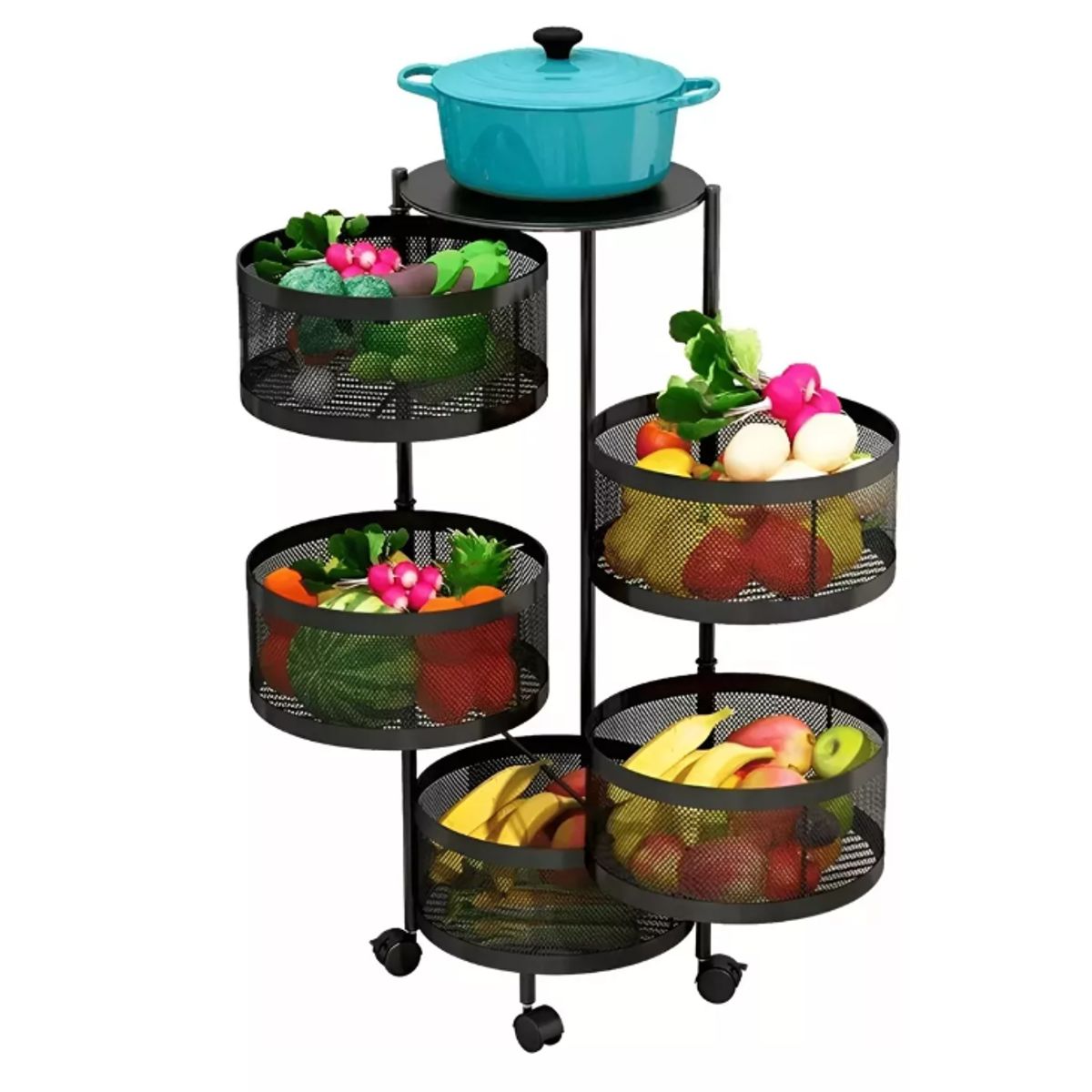 GENERICO - Carrito Verdulero Organizador 5 Cestas Estante Metálico Giratorio