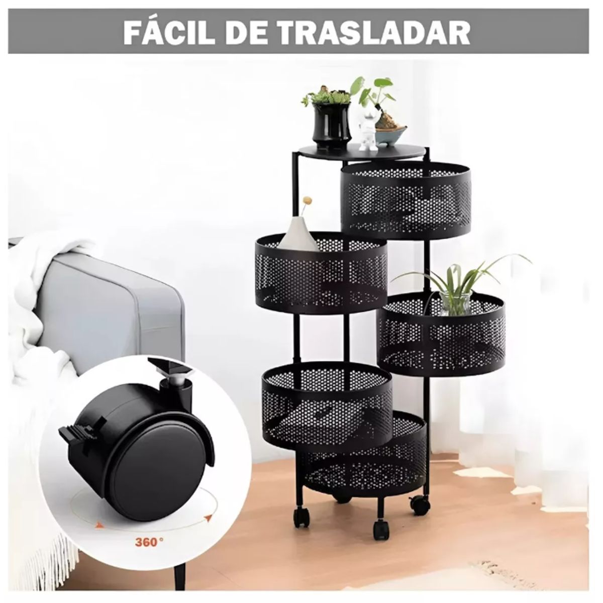 GENERICO - Carrito Verdulero Organizador 5 Cestas Estante Metálico Giratorio