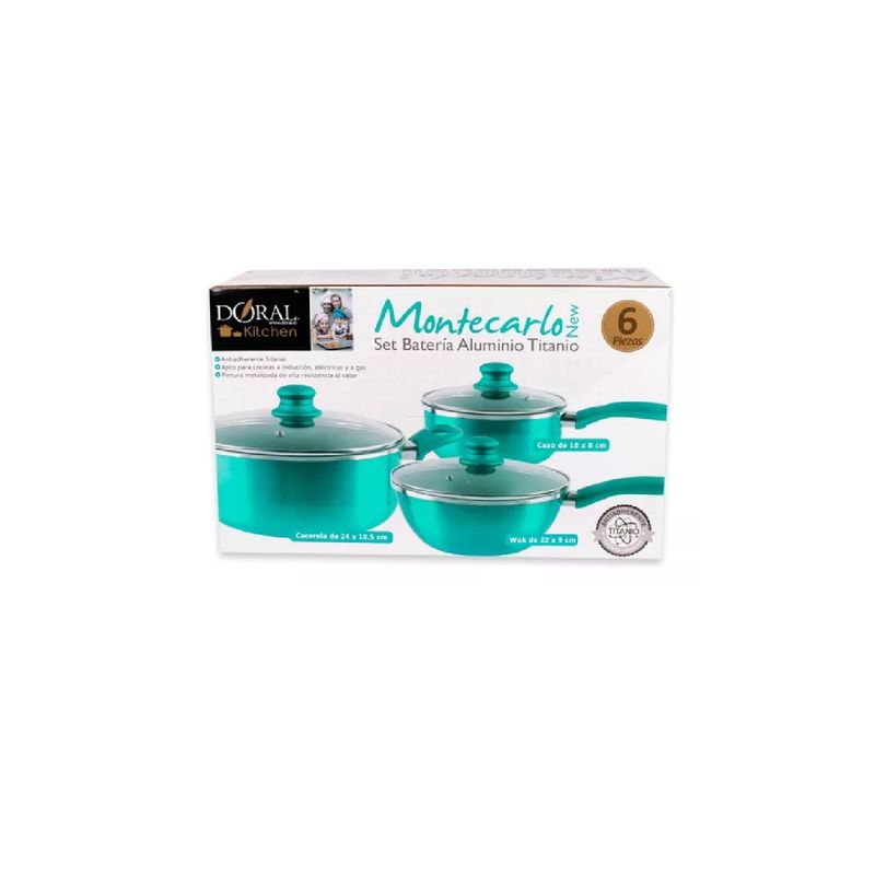 DORAL - Batería Alum/Tita 6 Piezas con Wok - P. Metal - Línea New Montecarlo Turquesa