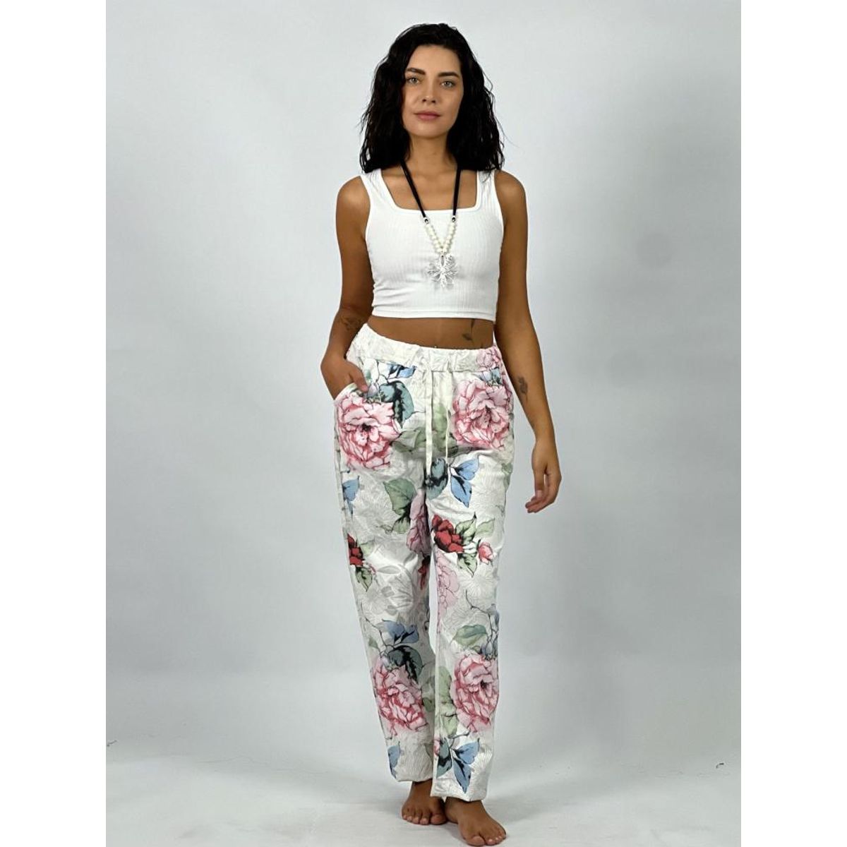ENIGMATICA BOUTIQUE - Jogger Italiano Gabardina Floral - Blanco - Único