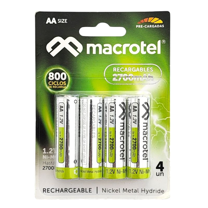 MACROTEL - Pack 4 Pilas Recargables AA 1.2v Macrotel 2700mha