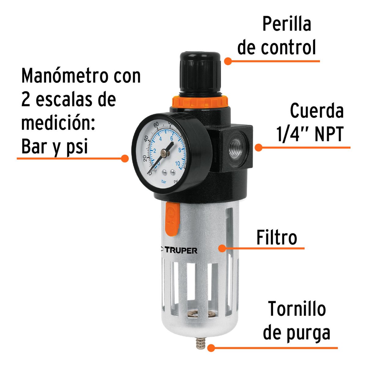 TRUPER - Filtro Regulador De Aire Para Compresor 14 Truper 18238