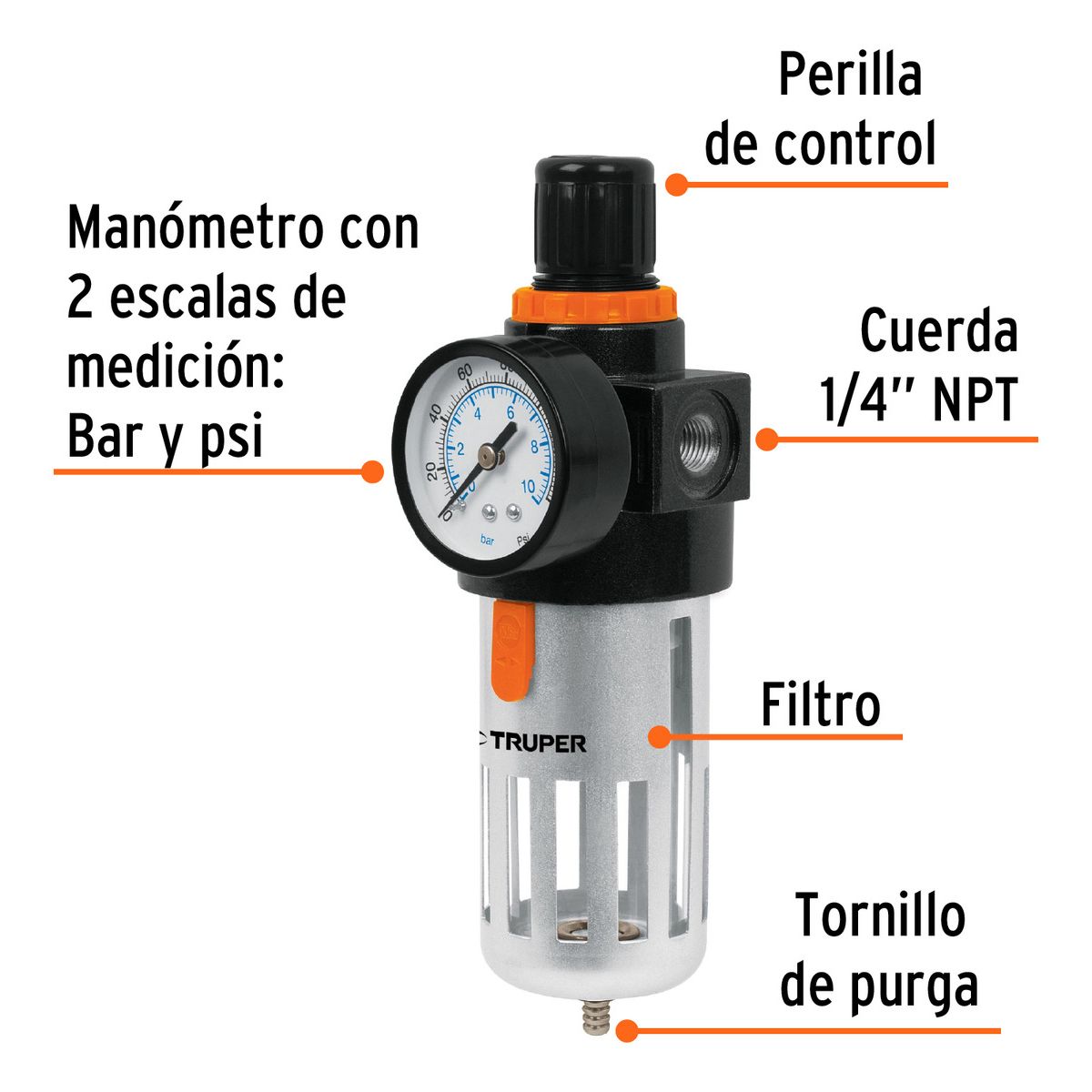 TRUPER - Filtro Regulador De Aire Para Compresor 14 Truper 18238
