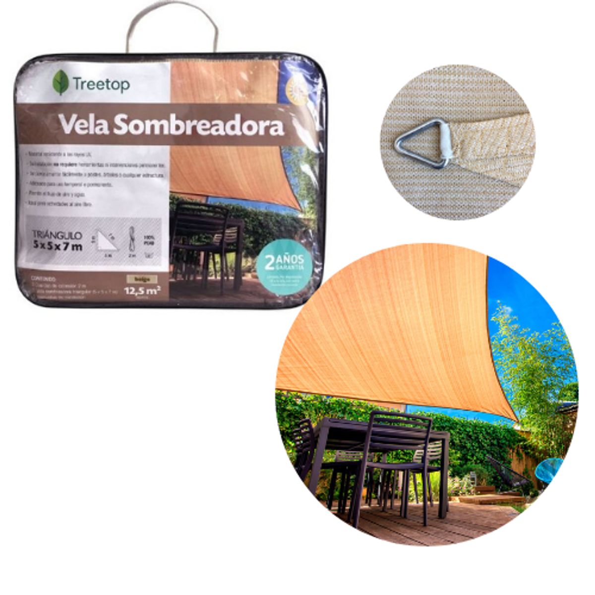 TREETOP - Vela Sombra Triangular de 5 × 5 × 7 m color Beige