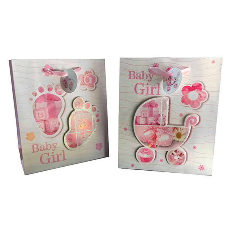 GENERICO - BOLSA DE REGALO BABY GIRL GLITTER 3D 26X32 CM X12 UNI