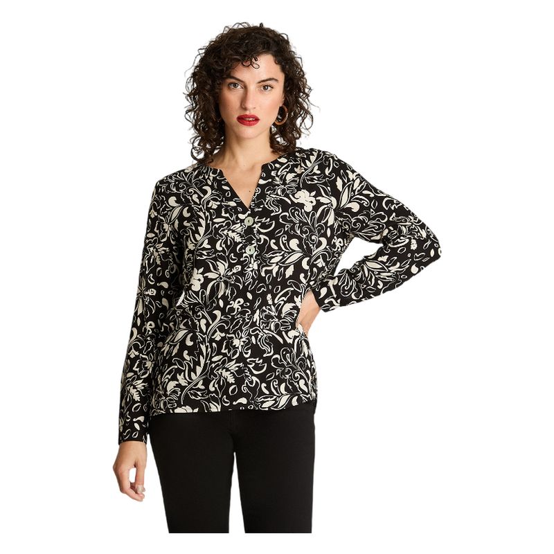 CURVI - Blusa Manga Larga Cuello Mao Botones Negro