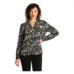 CURVI - Blusa Manga Larga Cuello Mao Botones Negro