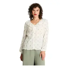 CURVI - Blusa Manga Larga Tela Fantasía Estampada Crudo
