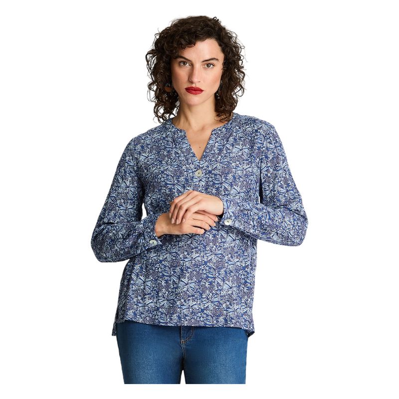 CURVI - Blusa Manga Larga Cuello Mao Botones Azul