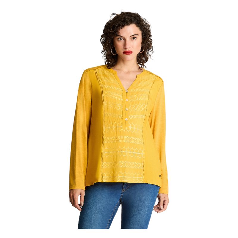 CURVI - Polera Manga Larga Mix Fabric Mostaza